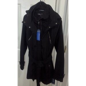 Nautica Women’s Black Rain Coat Size L Removable Hood Water Resistant Jacket NWT